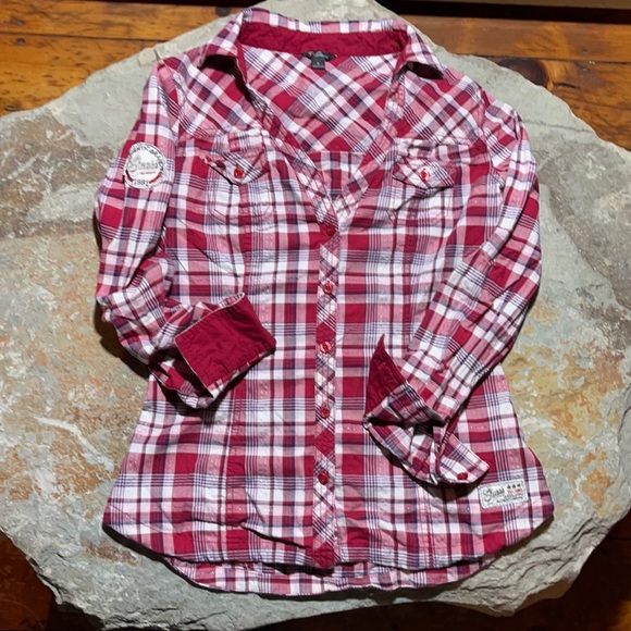 size S - Guess Cheery Cherry Plaid sparkly pretty fitted feminine classic style - Picture 1 of 16